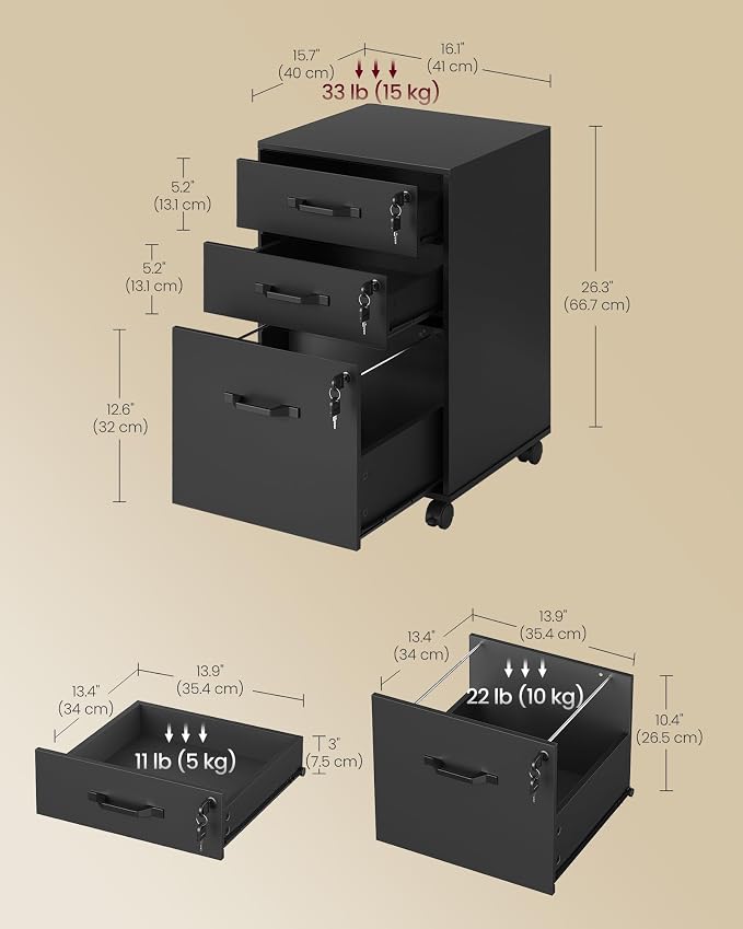 VASAGLE 3-Drawer Mobile File Cabinet, Home Office, Locking, Printer Stand | Highlight: Small Rolling, A4, Letter-Size Hanging File Folders, Ink Black, CUSTOS Collection UOFC084BC01SV1