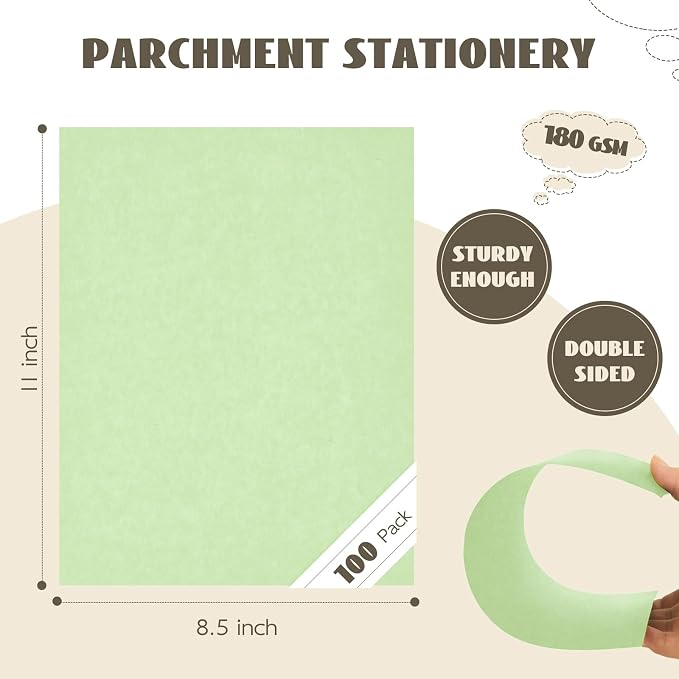 100 Sheets Green Parchment Cardstock Paper 8.5 x 11, 65lb Light Green Paper | Goefun 180 gsm Light Green Parchment Texture Sheets, Certificate Paper for Printing, Invitations, Menus, Crafts