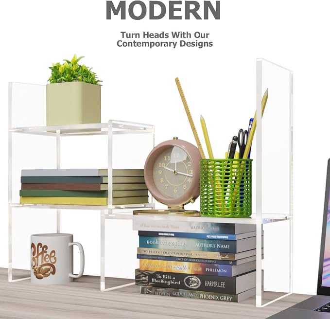 Adjustable Acrylic Desk Shelf for Top of Desk: Clear Desktop Shelf, Premium Desktop Bookshelf Organizer, Office Table Book Shelves