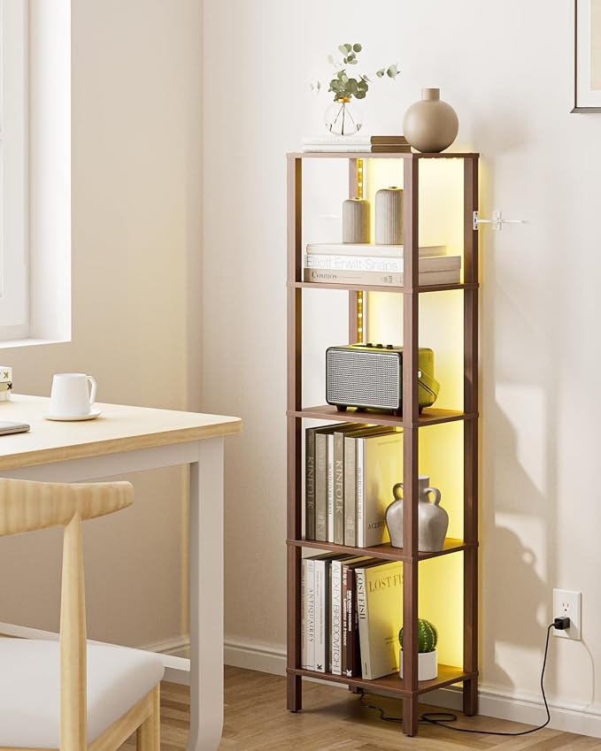 Open Book Shelf with LED Lights, 5 Tier Tall Bookshelf, Freestanding Shelf Narrow Bookcase with Open Shelves, 14.96" x 10.63" x 53.54", Book Shelves for Living Room, Office, Study, Walnut