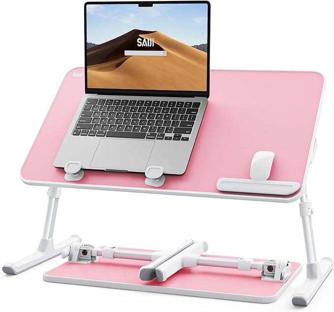 SAIJI Height & Angle Adjustable Laptop Stand for Bed, Lap Desk Tray Table | Light Weight Foldable Portable Laptop Table for Couch Sofa Chair Floor Desk for Adults, Kids (Pink)