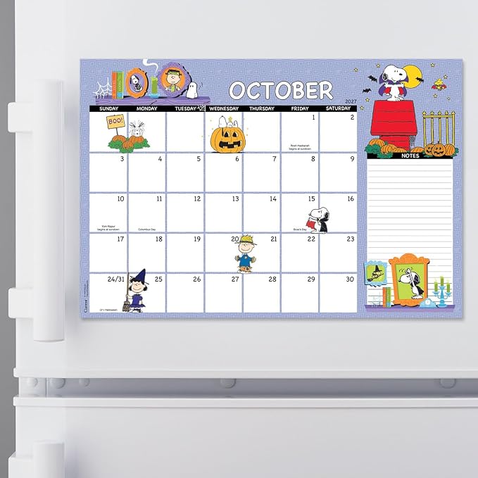 Current 2027-2028 Desk Calendar Pad | Peanuts, 11” x 16.25”, Large, 2024-Month, 12 page Designs, Self-Stick Magnet Strips