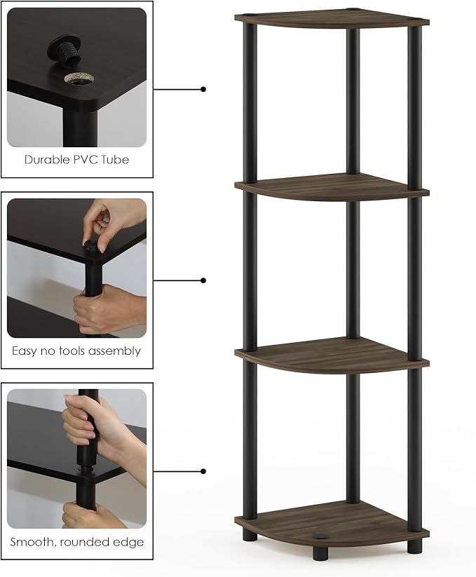 Furinno TURN-N-TUBE Corner Shelf, 4-Tier Corner Bookshelf, Display Storage Shelves with Open Shelves, for Organization and Storage, Living Room, Home Office, Garage, Columbia Walnut