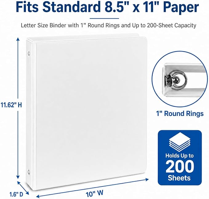 Durable 1 inch 3 Ring Binder White 8 Pack, PVC-Free Clear View Binder with 2 Interior Pockets, Holds 200 Sheets of 8.5" x 11" Paper for Teachers, Back to School,Home Office & Organization