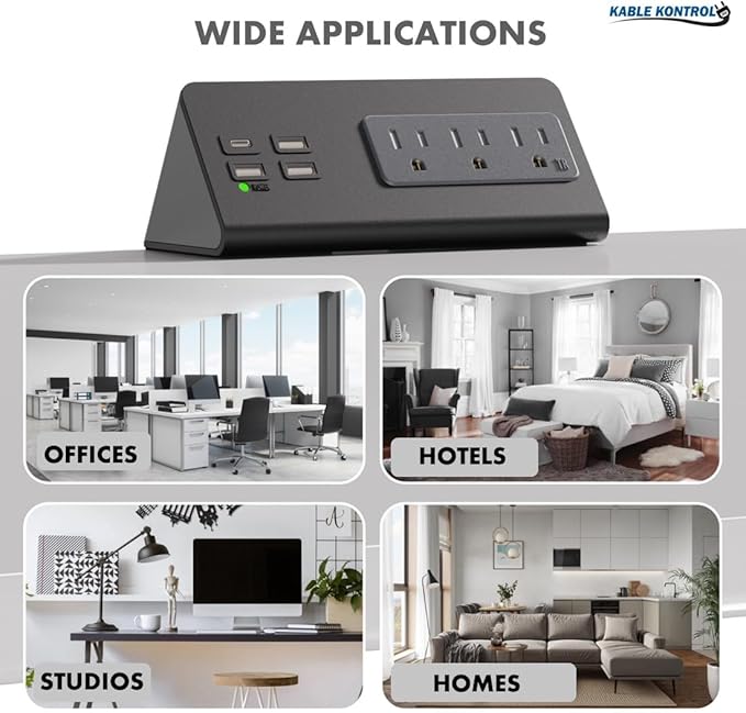 Kable Kontrol Desk Clamp Power Strip with USB-C Port, Nightstand Charging Station, 3 AC Outlets, 3 USB-A Ports, Fast Charger, Easy Installation for Home, Offices, Hotels – 4.9 Ft, White, 20 Pcs