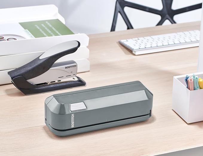 Bostitch Office Electric 3-Hole Punch, Dual Paper Loading, Heavy Duty, Jam-Free 20 Sheet Capacity, AC Adapter or Battery Powered, Space Saving, Grey, (EHP20-GRY)