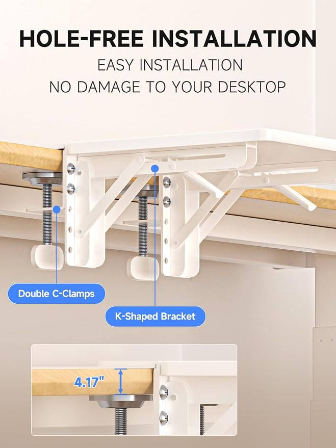 suptek Ergonomics Desk Extender Tray, 9.5"x9.1" Clamp on Table Mount Arm Wrist Rest Shelf, 90° Foldable Computer Arm Rest for Desk, White, DSF3W