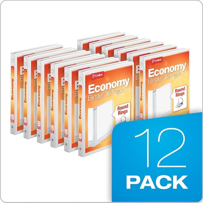Cardinal Economy 3 Ring Binders, Binders for School and Office, Durable 1/2 inch Round Rings, Holds 125 Sheets, ClearVue Presentation View, Non-Stick, White, Carton of 12 (90601)