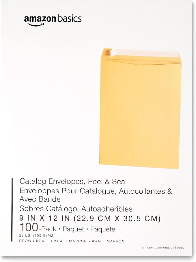 Amazon Basics Catalog Mailing Envelopes, Peel and Seal, 9" x 12", Brown Kraft, 100-Pack
