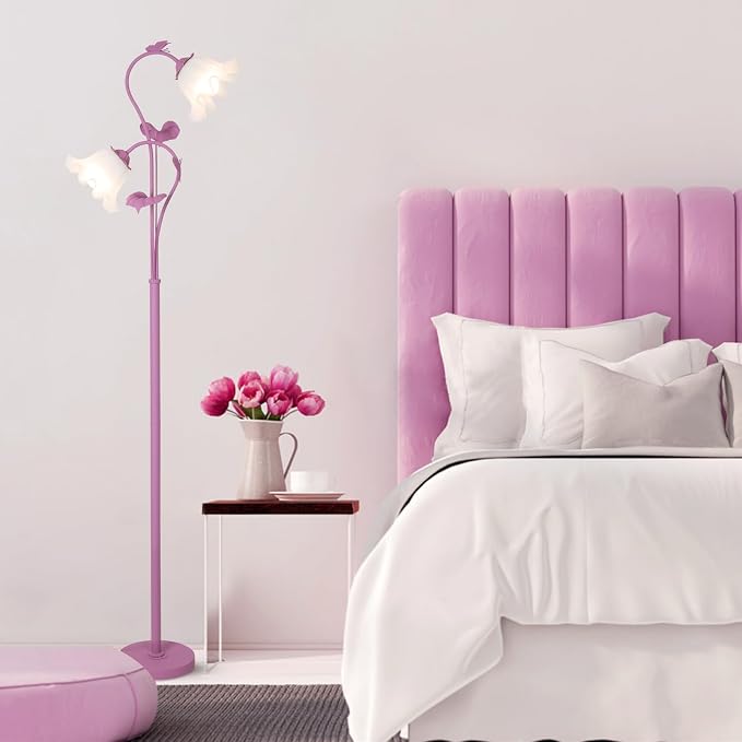 HMVPL Purple Floral Floor Lamp, Girls Flower Floor Lamp for Bedroom, Cute Lotus Standing Lamp with 2 LED 5W Blubs, Foot Switch, Unique Flower Tall Lamp for Living Room Kids Nursery Bedside Corner