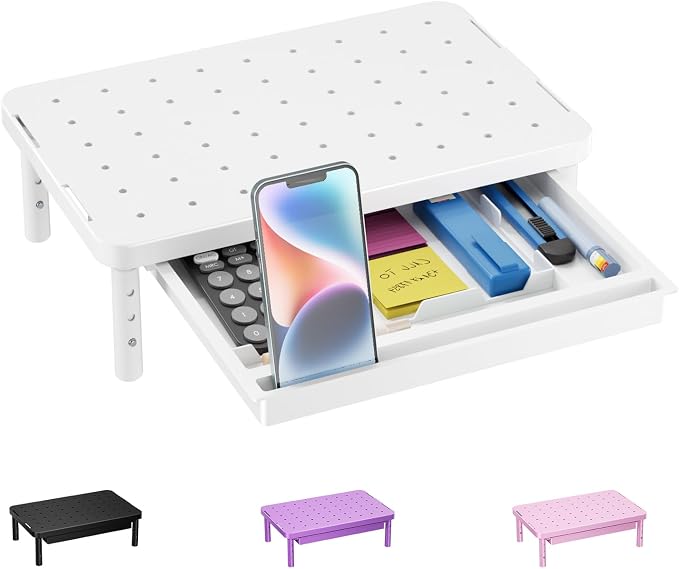 WALI Computer Monitor Stand with Storage, Monitor Riser 3 Height Adjustable | Laptop Riser with Airflow Vents, Desk Organizer for Computer, Printer, Notebook (PTT002-W), 1 Pack, White