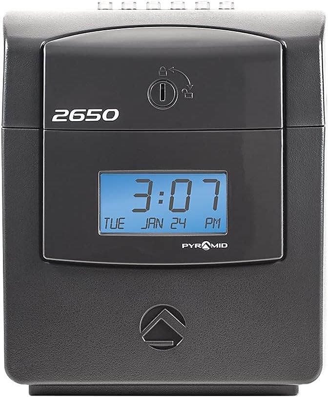 Pyramid Time Systems - 2650 Pro Auto Aligning Time Clock - Charcoal | Bundle Includes 25 Time Cards, Ribbon and 2 Security Keys (5"h x 7.25"w x 8.5"d)