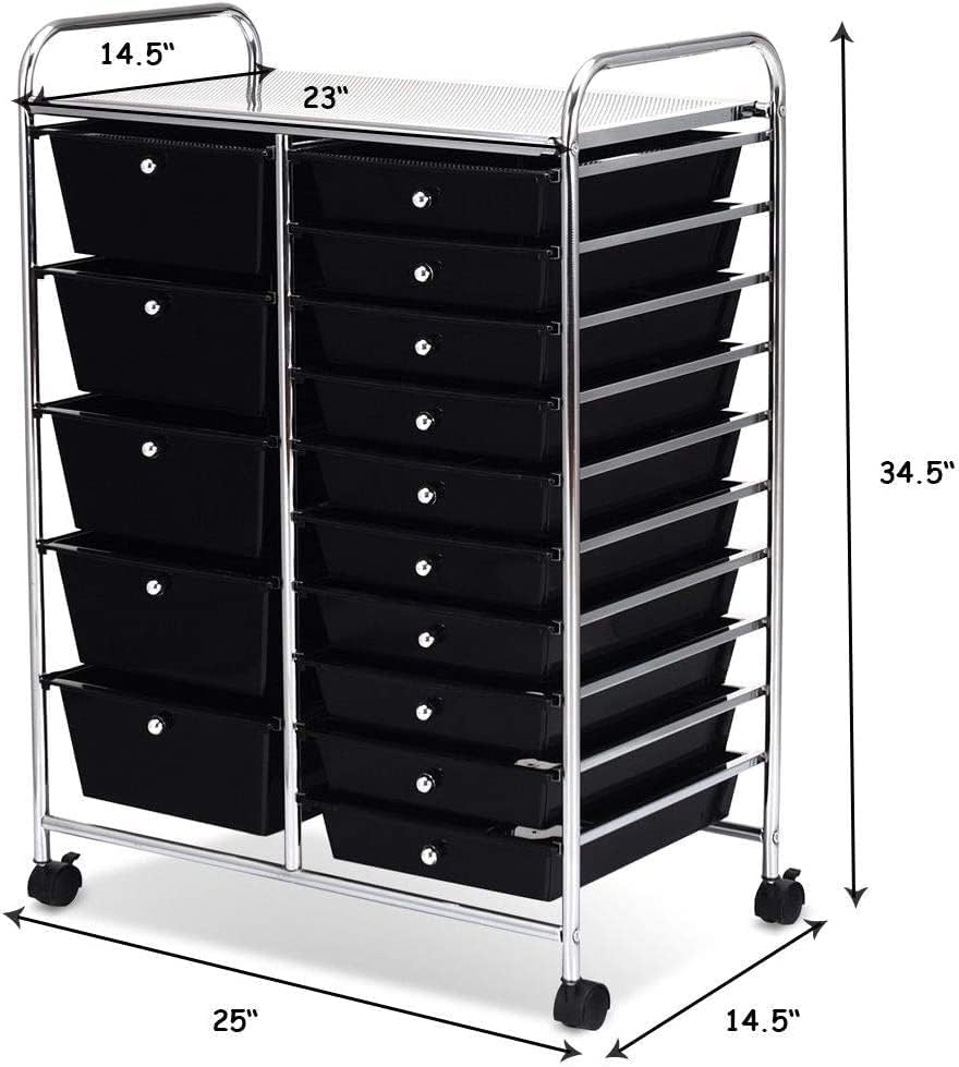 COSTWAY 15 Drawer Rolling Storage Cart, Mobile Utility Cart with Lockable Wheels, Drawers, Multipurpose Organizer Cart for Home, Office, School, Black