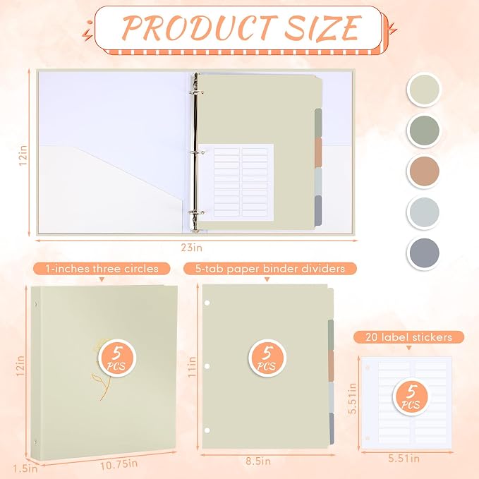 Ctosree 5 Sets 1 Inch 3 Ring Binder with 2 Pockets, Dividers, Fresh Color | Letter Size 8.5 x 11, 5 Tab Dividers for Organizing, Plastic Film and File Folder Labels, Back to School Office Home