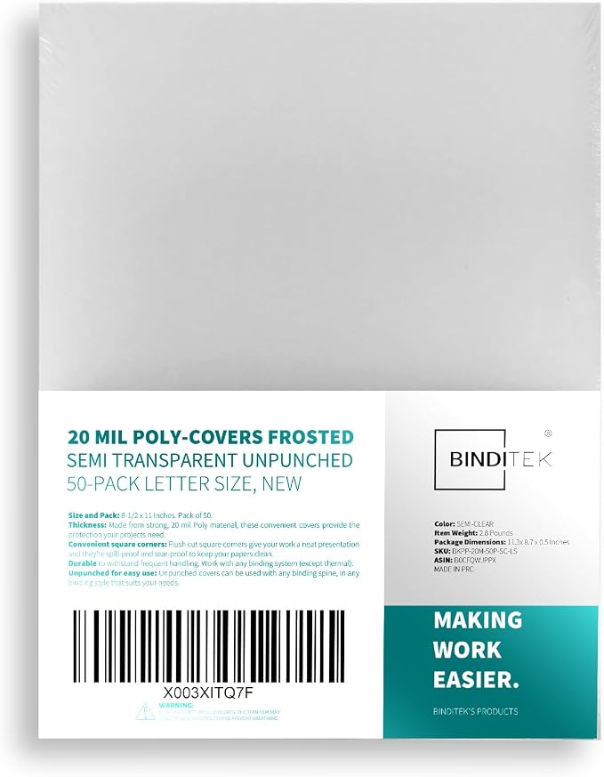 Binditek 50 Pack 20 Mil Frosted Polycover, Semi-Transparent Binding Covers, 8-1/2 x 11 Inches, Lightly Textured Sand Finish, Square Corners, Unpunched