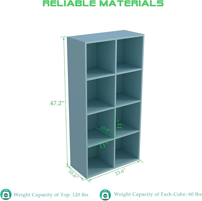 8-Cube Storage Shelf Bookcase, Light Blue | Wooden 4-Tier Open Bookshelf, Fits 11×11" Bins, Vertical or Horizontal Use, Full Back Panels, For Home Office