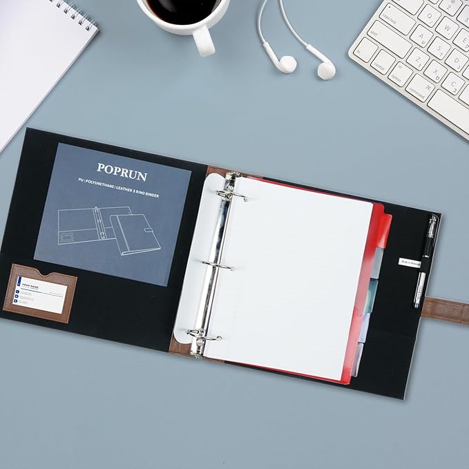 POPRUN 2 Inch PU Leather Portfolio Binder, Letter Size, Brown | 2" Ring, Letter Size, PU Leather, Dividers, Document Organizer, Business, Meetings, Office