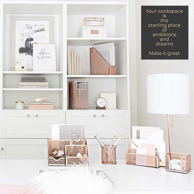 BLU MONACO Rose Gold Desk Organizer Set | 5-Piece Metal Desktop Organization Kit With File Holder, Magazine Rack, Pen Cup, Sticky Note Holder and Letter Sorter | Stylish Office Accessories