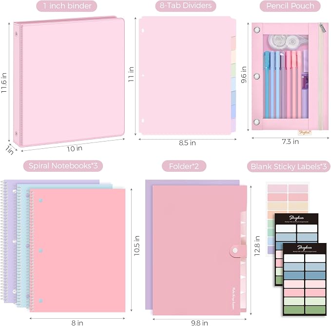 SKYDUE Pink School Supplies Set – 1" 3-Ring Binder, 2 Expanding File Folders, 3 Spiral Notebooks, 8 Tab Dividers & Pencil Pouch – Cute Stationery for High School Stude, College Essentials