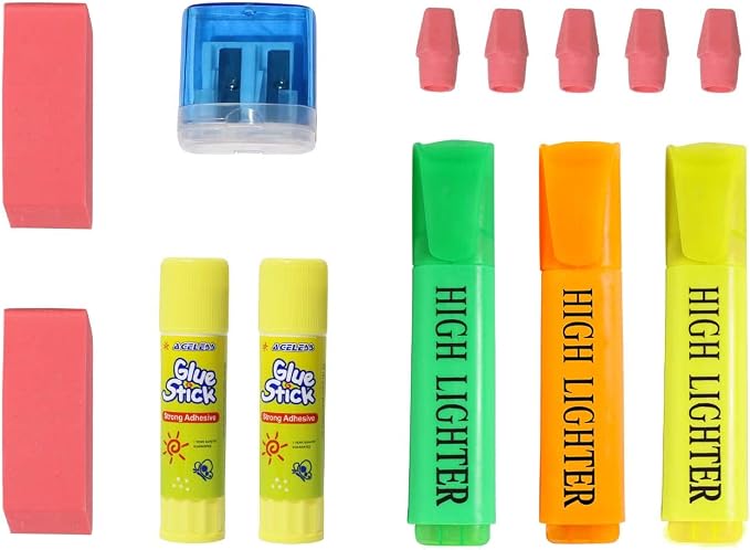 Moda West 50 Piece Bulk School Supplies Kits - Pens, Pencils, Crayons, and More - Value Pack of 12 Kits - Essential Box of School Supplies for Elementary, Middle, and High School Students