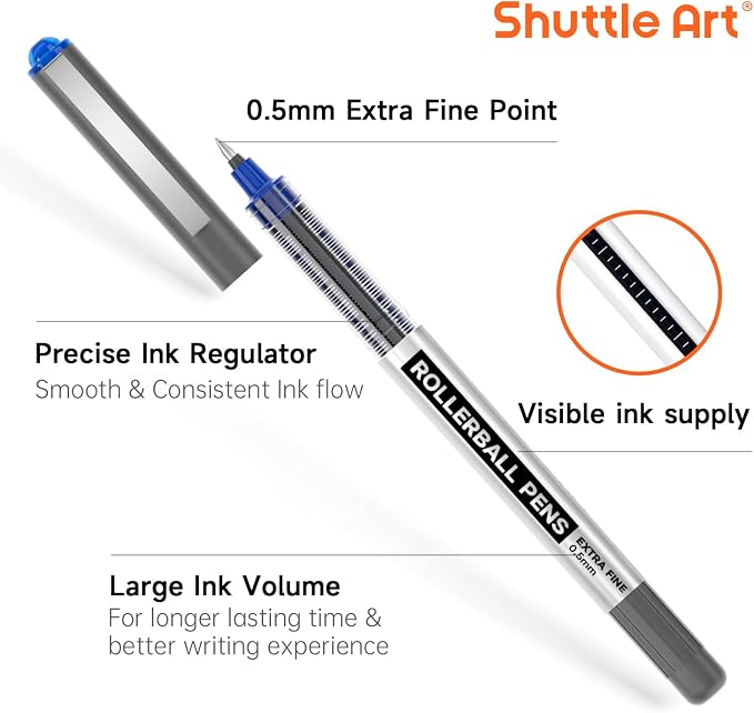 Shuttle Art Rollerball Pens, 10 Pack Blue Liquid Ink Pens, 0.5mm Extra Fine Point, Quick Drying for Writing Journaling Taking Notes School Office