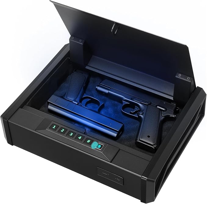 VEVOR Gun Safe, Heavy Duty Handgun Safe with Fingerprint/Password/Key, 3-Way Quick Access Firearm Case Box with Lighting for 2 Pistols & 2 Magazines, Pistol Gun Box for Nightstand Bedside Desk Car