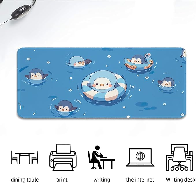 Blue Cute Anime Mouse Pad Penguin Keyboard Pad Mousepad,Non-Slip Gaming Mouse Pad,Large Size Stitched Edge Desk Pad for Office and Game XX-Large（15.7x35.4inch）