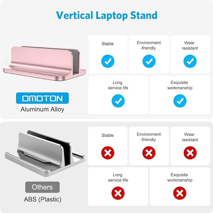 OMOTON Vertical Laptop Stand Holder, Adjustable Dock for MacBook, Rose Gold | Aluminum Stand for MacBook Stand, Fits Chromebook & Gaming Laptops up to 17.3 in, Office Desk Organization, Space-Saving