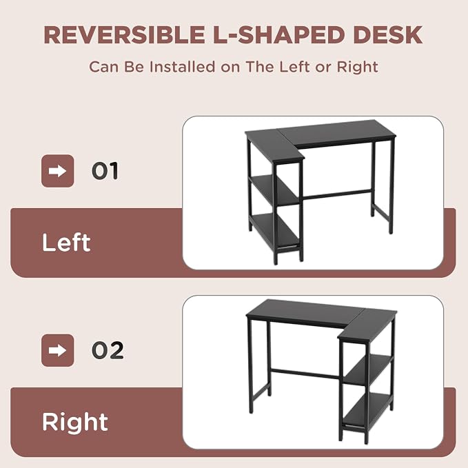 FDW L-Shaped Gaming Desk 39 Inch Computer Desk Corner Desks with Reversible Side Storage Shelves Study Desk Metal Frame PC Work Table for Home Office Dorm Sturdy Writing Workstation, Black