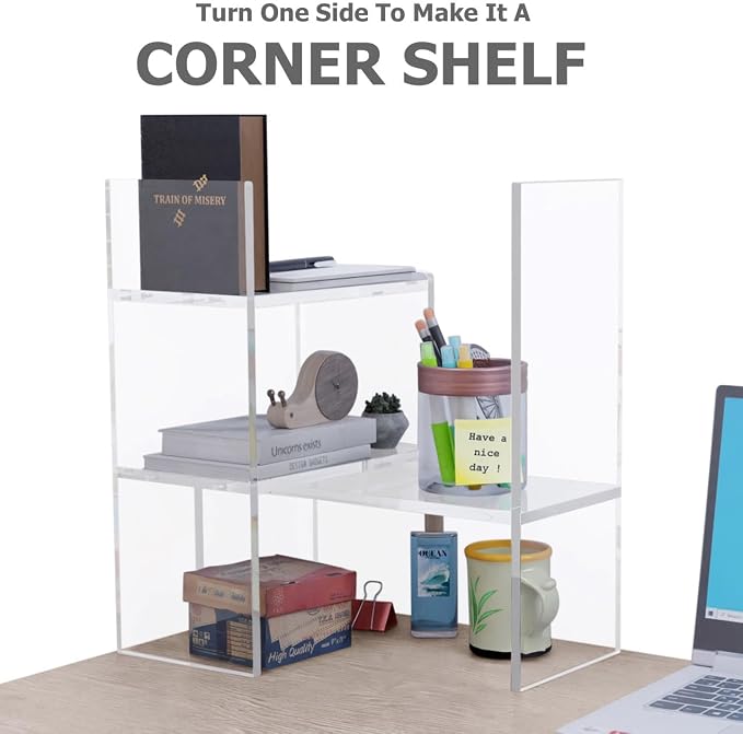 Adjustable Acrylic Desk Shelf for Top of Desk: Clear Desktop Shelf, Premium Desktop Bookshelf Organizer, Office Table Book Shelves
