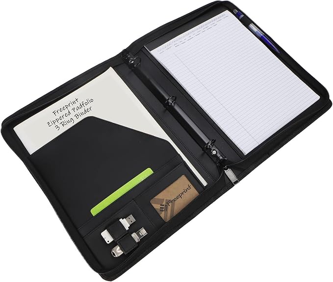 Zippered Portfolio Binder 3 Ring with Writing Pad Legal Size Letter - PU Leather Professional Padfolio Folder for Interview Business, Black