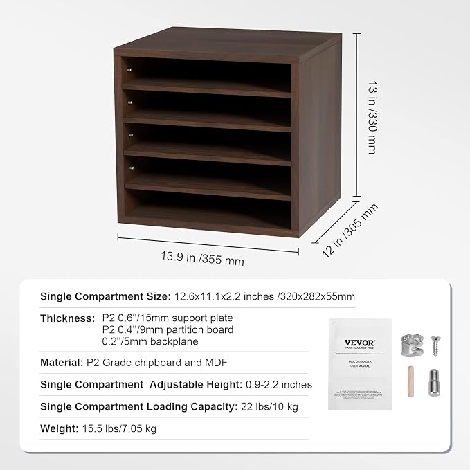 VEVOR Literature Organizers, 5 Compartments Office Mailbox with Adjustable Shelves, Wood Literature sorter 13.9x12x13 inches for Office, Home, Classroom, Mailrooms Organization, EPA Certified, Brown