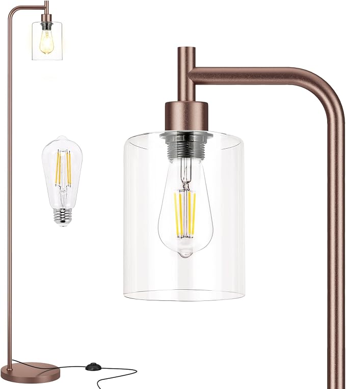 Ziisee Floor Lamps for Living Room - Industrial Standing Lamp with Glass Shade, Modern Floor Lamp with LED Bulbs, Farmhouse Floor Lamp for Bedroom, Tall Lamp for Office - Brown
