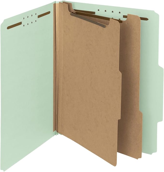 Smead 100% Recycled Pressboard Classification File Folder, 2 Dividers, 2" Expansion, Letter Size, Gray/Green, 10 per Box (14023)