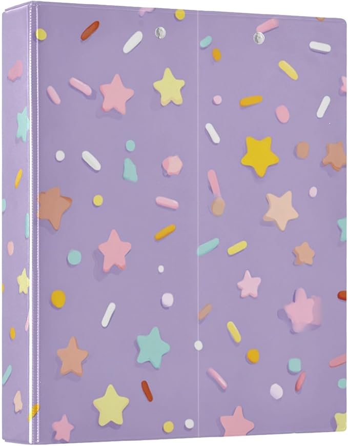 Aslsiy Ice Cream Confetti 3 Ring Binder 1.5 Inch Purple Star Round Clipboard Binder Decorative Harcover Binders Organizer for Office Supplies