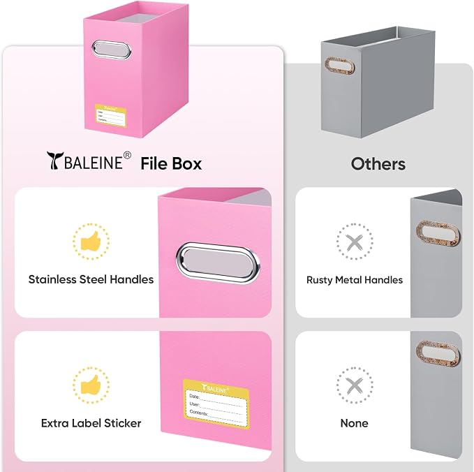 BALEINE 4PK File Organizer Box, Cardboard File Folder Organizer with Handle | Strong Corrugated Paper Core, Label Stickers for Identification, Hanging File Folder Organizer, Home Office Document Storage