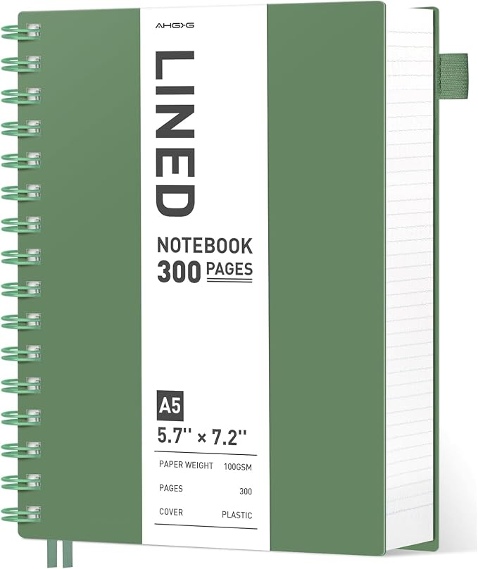 AHGXG Spiral Notebook College Ruled - Spiral Journal A5 Smal Notebooks for Work, 100GSM Thick Paper, Plastic Hardcover, for Office School Writing Notes,5.7" x 8.3", Green