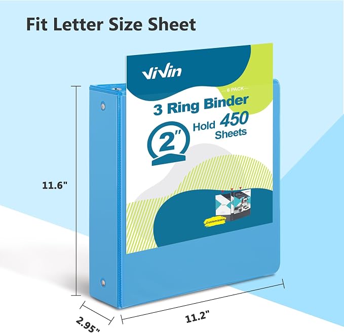 ViVin 2 Inch Round Ring View Binder for Durability, 6-Pack (Light Blue) | Standard 3 Ring Binder for 450 Sheets of US Letter Size Paper, PVC-Free, Clear Front Pocket, Office Home School Use