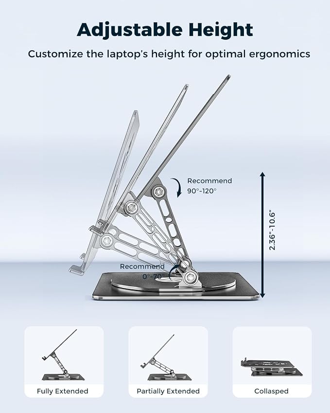 Aoviho 360° Rotating Laptop Stand for Desk | Adjustable, Foldable, Portable Aluminum Ergonomic Riser | Compatible with MacBook, Dell, HP & All Laptops 10-16 inch | Black