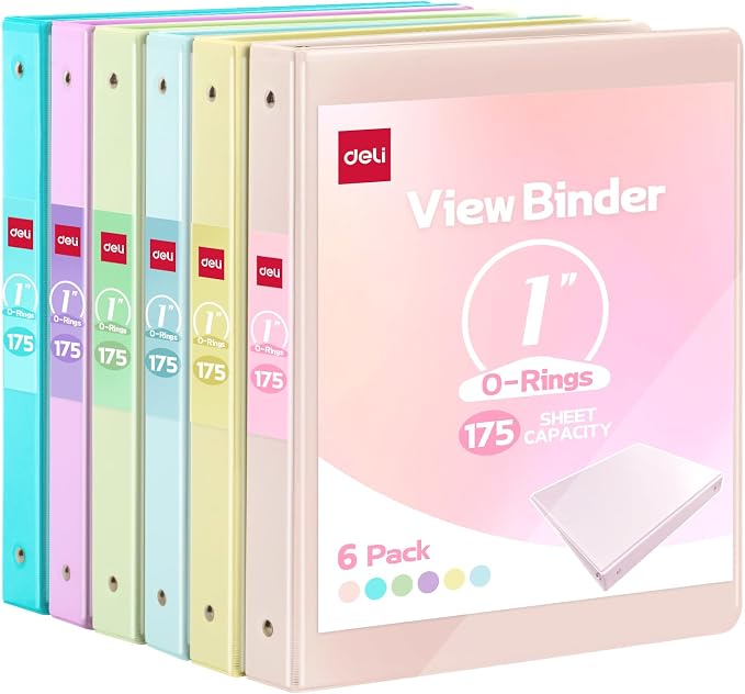 deli 1-inch 3 Ring Binder 6 Pack,11" x 8.5" US Letter Size | 1 inch Binders with 2 Interior Pockets,175 Sheets Capacity,Assorted 6 Pastel Colors