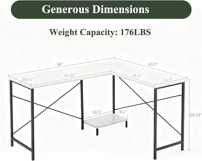 L Shaped Desk Computer Desk, 50inch White Gaming Desk with CPU Stand | Reversible Corner Desk, Sturdy Metal Frame, Student Study Writing Table for Home Office