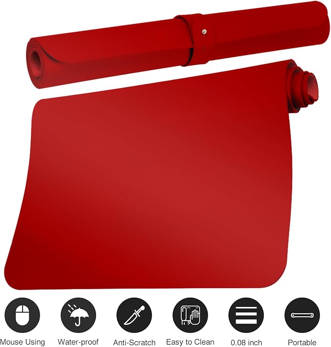 Boutilon Leather Desk Pad Protector,Non-Slip Mouse Pad,Laptop Desk Pad,Office Mouse Mat,Waterproof Leather Desk Blotter,Desk Writing Pad for Office and Home (XXL-Red,47.2"x 17")