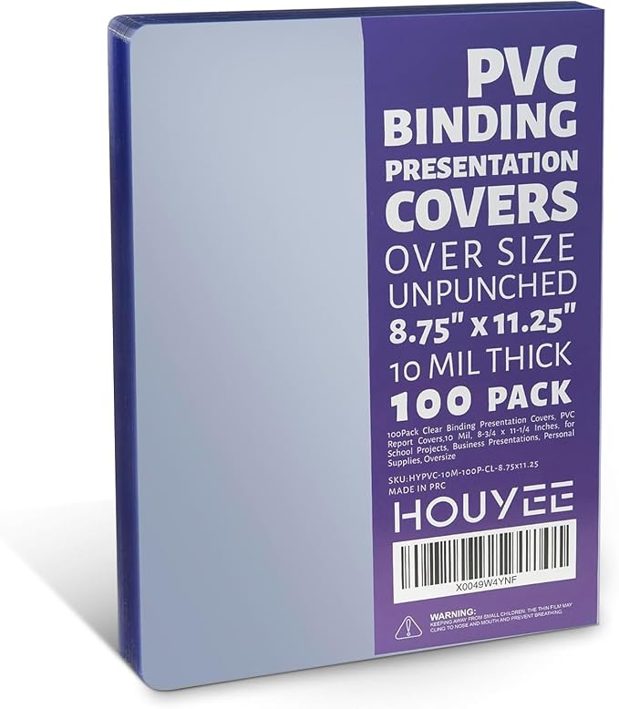 HOUYEE 100 Pack 10 Mil Clear Binding Presentation Covers,PVC,Oversize | Clear Covers for Binding 8.75 x 11.25 Inches, Transparent Plastic Binding Covers, Square Corner, Letter Size, for School