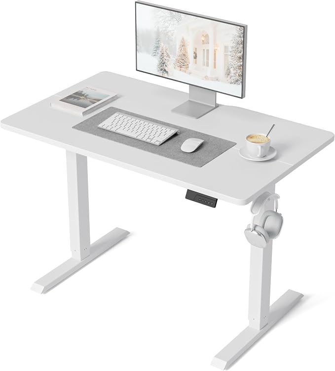 DESINO Standing Desk, 32 × 19 Inches Electric Height Adjustable, Sit and Stand Up, Computer Office Desk with Splice Board, White Frame/White TOP