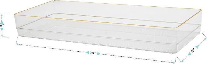 Martha Stewart Kerry Stackable Desk Drawer Organizers, Clear/Gold, 2-Pack | 15x6 in Organizers, Gold Trim, Stackable