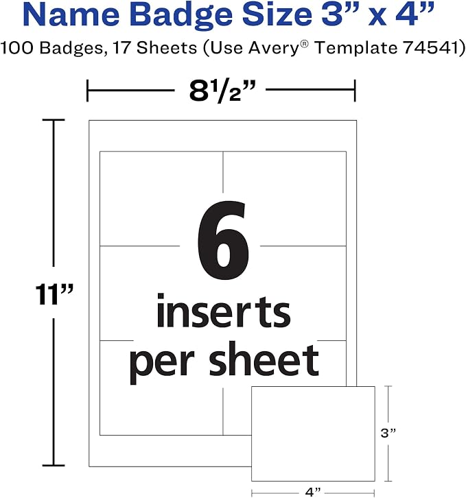 Avery Customizable Name Badges, Clip Style, 3" x 4", Clear Name Tag Holders, White Laser/Inkjet Printable Inserts, 100 Total (74541)