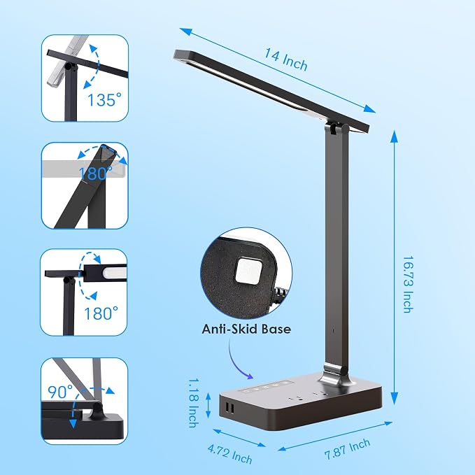 Desk Lamp with USB Charging Port: Power Strip with Surge Protection - 1 Type-C, 1 USB-A Charging Port, 2 AC Power Outlets, Desk Lamps for Home Office College Dorm Room Essentials