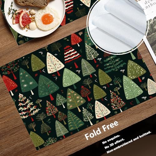 Batmerry Christmas New Year Linen Placemats Set of 4, Christmas Tree Cartoon Black Background Washable Table Mats for Kitchen Table Thickened Heat Insulation Dining Set Indoor Outdoor 12X18 in