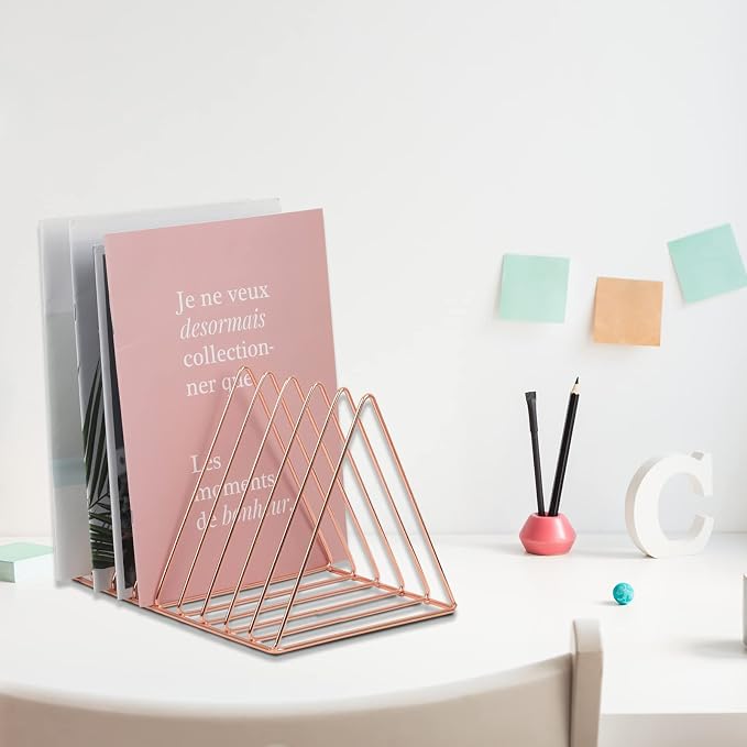 Rose Gold Magazine Holder, Desktop File Sorter Organizer Triangle 9 Slot Newspaper Record Storage Shelf Rack for Home Office Decoration