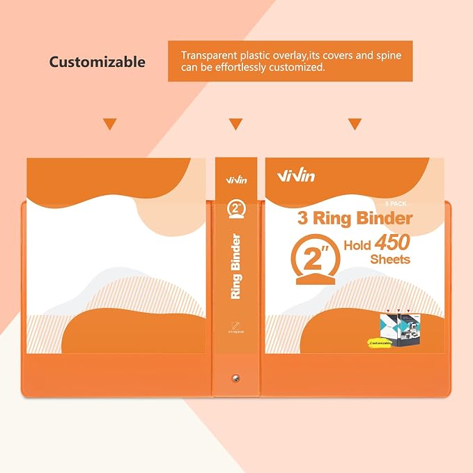 ViVin 2 Inch Round Ring View Binder for Durability, 6-Pack (Orange) | Standard 3 Ring Binder for 450 Sheets of US Letter Size Paper, PVC-Free, Clear Front Pocket, Office Home School Use